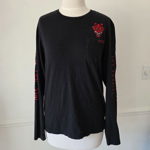 Guess Tops - Guess Los Angeles Graphic Devil Face Long Sleeve Black T Shirt Pocket & Sleeve S